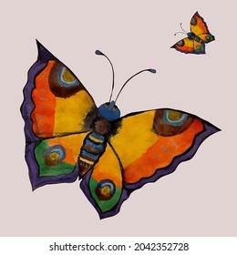 Butterflies, bright insects. Kindergarten, children's games, childhood, comfort. Watercolor drawing. Postcard, wallpaper. Isolated vector objects.
