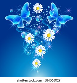 Butterflies with bubbles and daisy in the sky