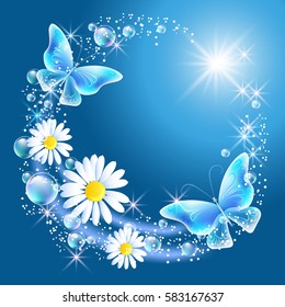 Butterflies with bubbles, daisy and sun in the sky