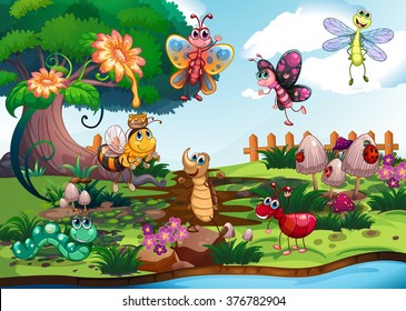 Butterflies and bugs in the garden illustration