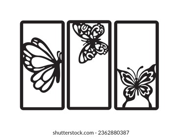 Butterflies and cards. Vector illustration in black and white.