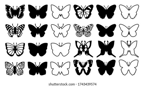 Butterflies carve, shadow and line set, Vector illustration.