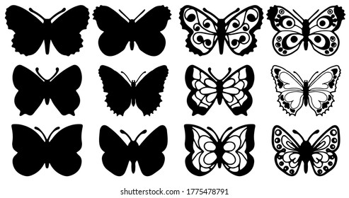Butterflies carve, shadow and line set, Vector illustration.