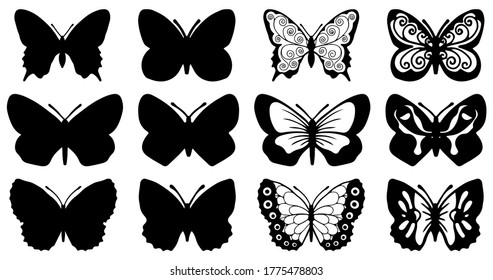Butterflies carve, shadow and line set, Vector illustration.