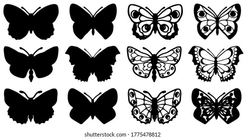Butterflies carve, shadow and line set, Vector illustration.