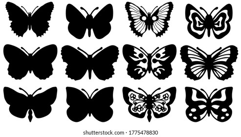 Butterflies carve, shadow and line set, Vector illustration.