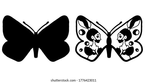 Butterflies carve, shadow and line set, Vector illustration.