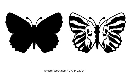 Butterflies carve, shadow and line set, Vector illustration.