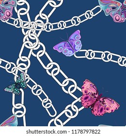 Butterflies and chains on dark background, seamless vector illustration, design for textile texture, wallpaper