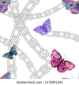 Butterflies and chains on white background, seamless vector illustration, design for textile texture, wallpaper, paper, cover, cards