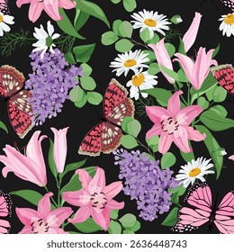 Butterflies, chamomile and lilies on a black background. Seamless vector illustration with delicate flowers. For decorating textiles, packaging.
