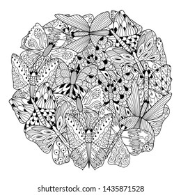 Butterflies circle shape coloring page. Black and white print. Vector illustration