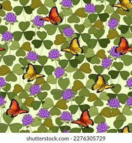 Butterflies and a clearing with clover.Vector pattern with bright butterflies and clover flowers on a colored background.