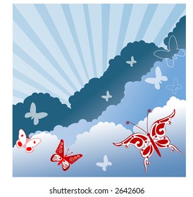 butterflies, clouds and burst vector