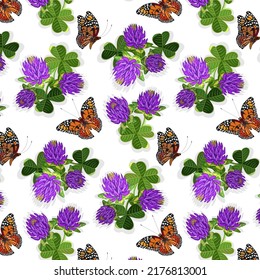 Butterflies and clover in a pattern.Colorful vector pattern with butterflies and clover bouquets with shadows on a transparent background.