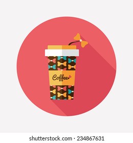 Butterflies coffee cup flat round icon with long shadows.
