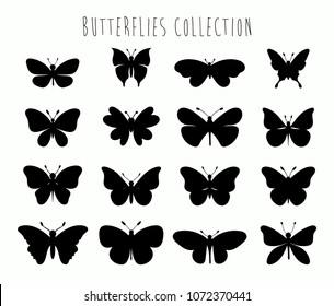 Butterflies collection with different black shapes isolated on white