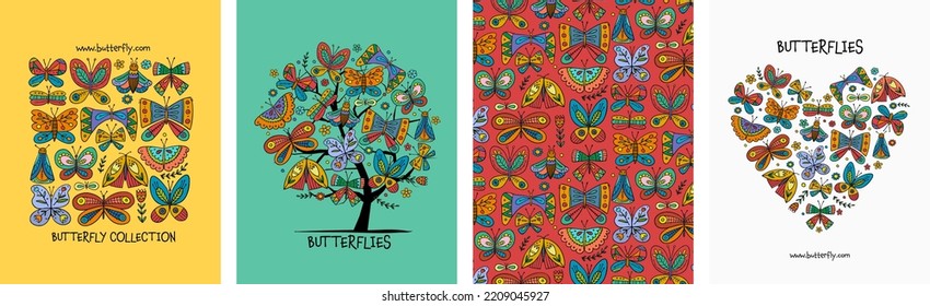 Butterflies collection - frame, tree, backdrop, heart shape. Concept art for your project. Creative template for cards, banner, social media, print promotional materials. Vector illustration