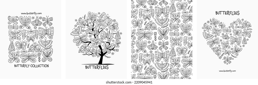 Butterflies collection - frame, tree, backdrop, heart shape. Concept art for your project. Creative template for cards, banner, social media, print promotional materials. Vector illustration