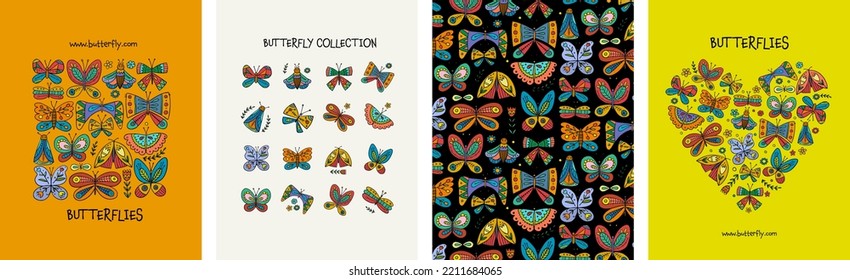 Butterflies collection - frame, tree, backdrop, heart shape. Concept art for your project. Creative template for cards, banner, social media, print promotional materials. Vector illustration