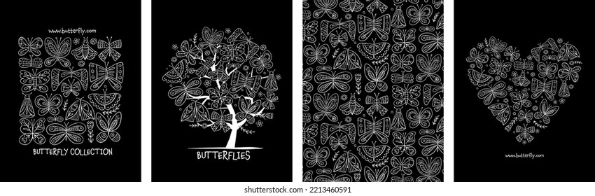 Butterflies collection - frame, tree, backdrop, heart shape. Concept art for your project. Creative template for cards, banner, social media, print promotional materials. Vector illustration