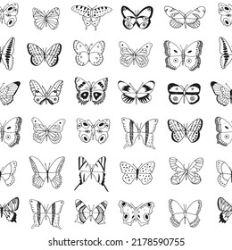 Butterflies collection line vector seamless pattern