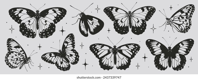 Butterflies collection in the style of grunge stamp and organic shapes.  Vector graphic in trendy retro 2000s style. Y2k aesthetic, tattoo silhouette, hand drawn stickers. Grain texture butterfly.