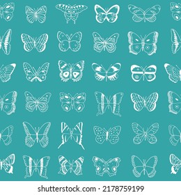 Butterflies collection vector line seamless pattern