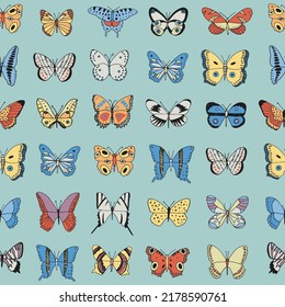 Butterflies collection vector seamless pattern