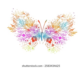 Butterflies from colored flowers. Hand drawing Line art. Not AI. Vector illustration.