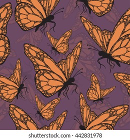 Butterflies colored with ornament seamless pattern, in style boho, hippie, bohemian. Bright, contrasting, juicy, openwork orange wings on purple background. Textile, print, fabric design, wallpaper