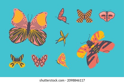 butterflies colored wings icons set