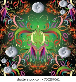 Butterflies colorful seamless pattern. Bright vector background wallpaper illustration with vintage decorative multicolor butterflies, 3d white flowers, swirl leaves and hand drawn beautiful ornaments