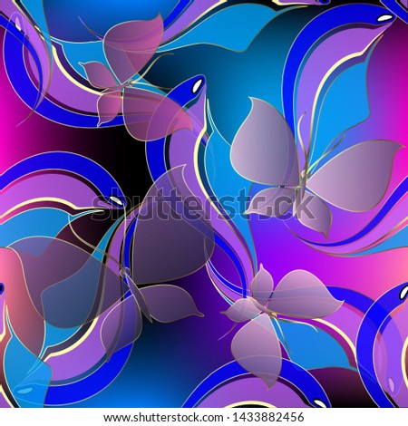 Butterflies colorful seamless pattern. Vector glowing background. Translucent abstract striped shapes, lines. Elegance flying butteflies. Repeat beautiful glow ornament. Luxury modern ornate design