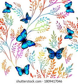 Butterflies with colorful twigs. Seamless background. Mixed media. Vector illustration