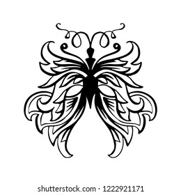 Butterflies coloring book page, contour line marker brush. Flying hand drawn insect. With curl ornaments and decoration. Poster, logo, typography design element. Isolated vector illustration