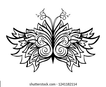Butterflies coloring book page, contour line marker brush. Flying hand drawn insect. With curl ornaments and decoration. Poster, logo, typography design element. Isolated vector illustration