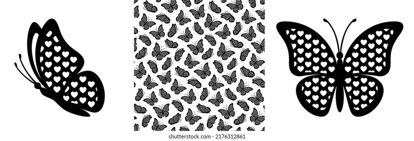 Butterflies contour seamless pattern and side view monarch butterfly. Creative valentine vector icon and seamless texture swatch background for decorative greeting print design, gift certificate