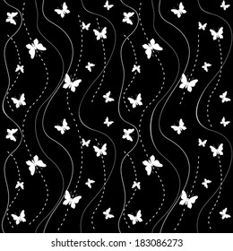 Butterflies contrast pattern. Seamless pattern in black and white. With silhouettes of butterflies, wavy stripes and dashed lines. Vector file is EPS8, all elements are grouped.