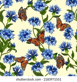 Butterflies and cornflowers in a pattern.Vector seamless pattern with cornflowers and butterflies on a colored background.
