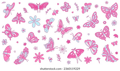 Butterflies, daisies, leaves in blue and pink colors. Nostalgia for the 2000 years. Y2k style.