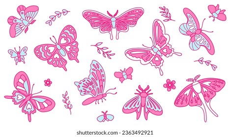 Butterflies, daisies, leaves in blue and pink colors. Nostalgia for the 2000 years. Y2k style.