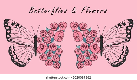 Butterflies and daisies poster with positive quote flower design on pink background. Concept of fashion slogan style spring summer sticker. Flat cartoon vector illustration