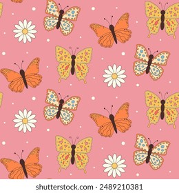 Butterflies and daisy flowers seamless pattern on pink background.