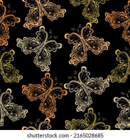 Butterflies and dandelions in the pattern. Celestial magic abstract mystic design. Gothic witch drawing. 