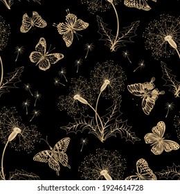 Butterflies and dandelions in the pattern.Butterflies and dandelions of gold color on a black background in a vector pattern.