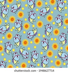 Mariposas y leones. Patrón veraniego sin costuras.  Ilustración vectorial.