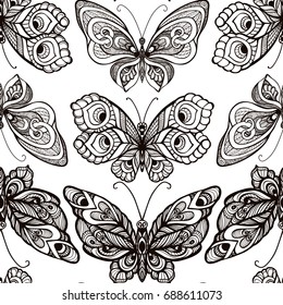 Butterflies with decor pattern. Seamless pattern, background. Gr