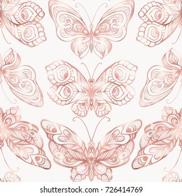 Butterflies with decor pattern. Seamless pattern, background. Graphic in rose gold colors.