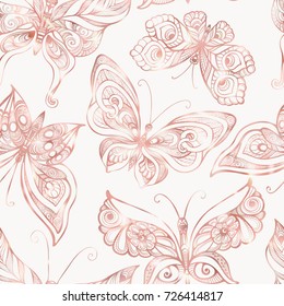 Butterflies with decor pattern. Seamless pattern, background. Graphic in rose gold colors.